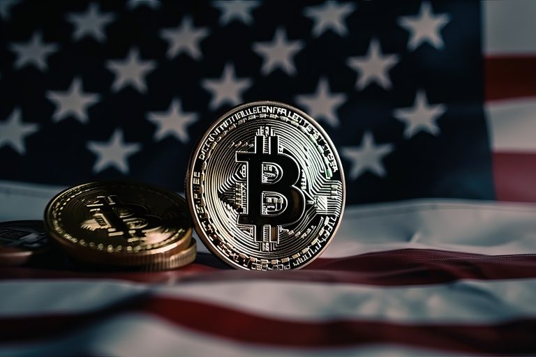 Bitcoin on the background of the American flag, Bitcoin coin and the American flag, Generative AI